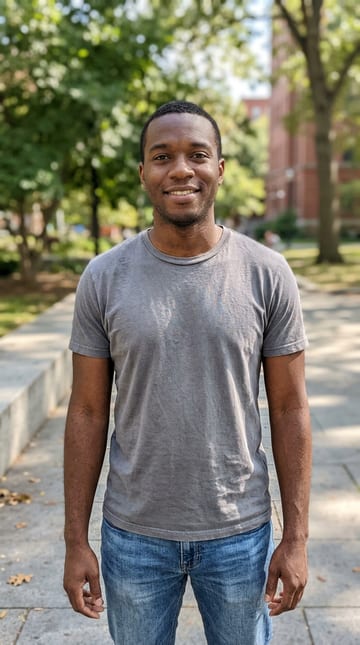 The one photo this example was made from: an AI-generated man in a grey T-shirt and jeans