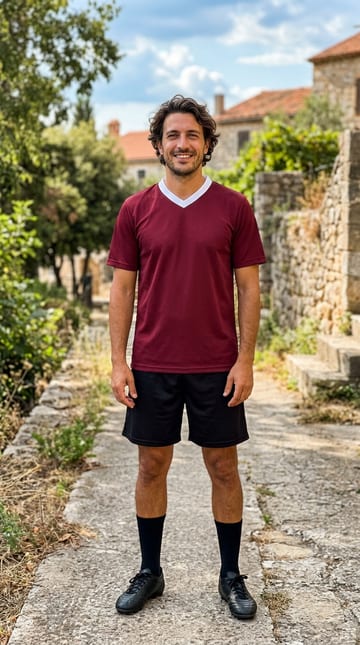 The one photo this example was made from: an AI-generated man in his own plain maroon football shirt and black shorts